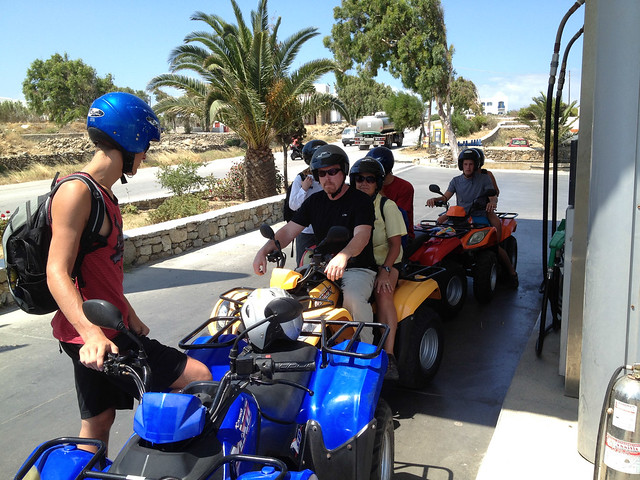 Gassing up the ATVs on Mykonos